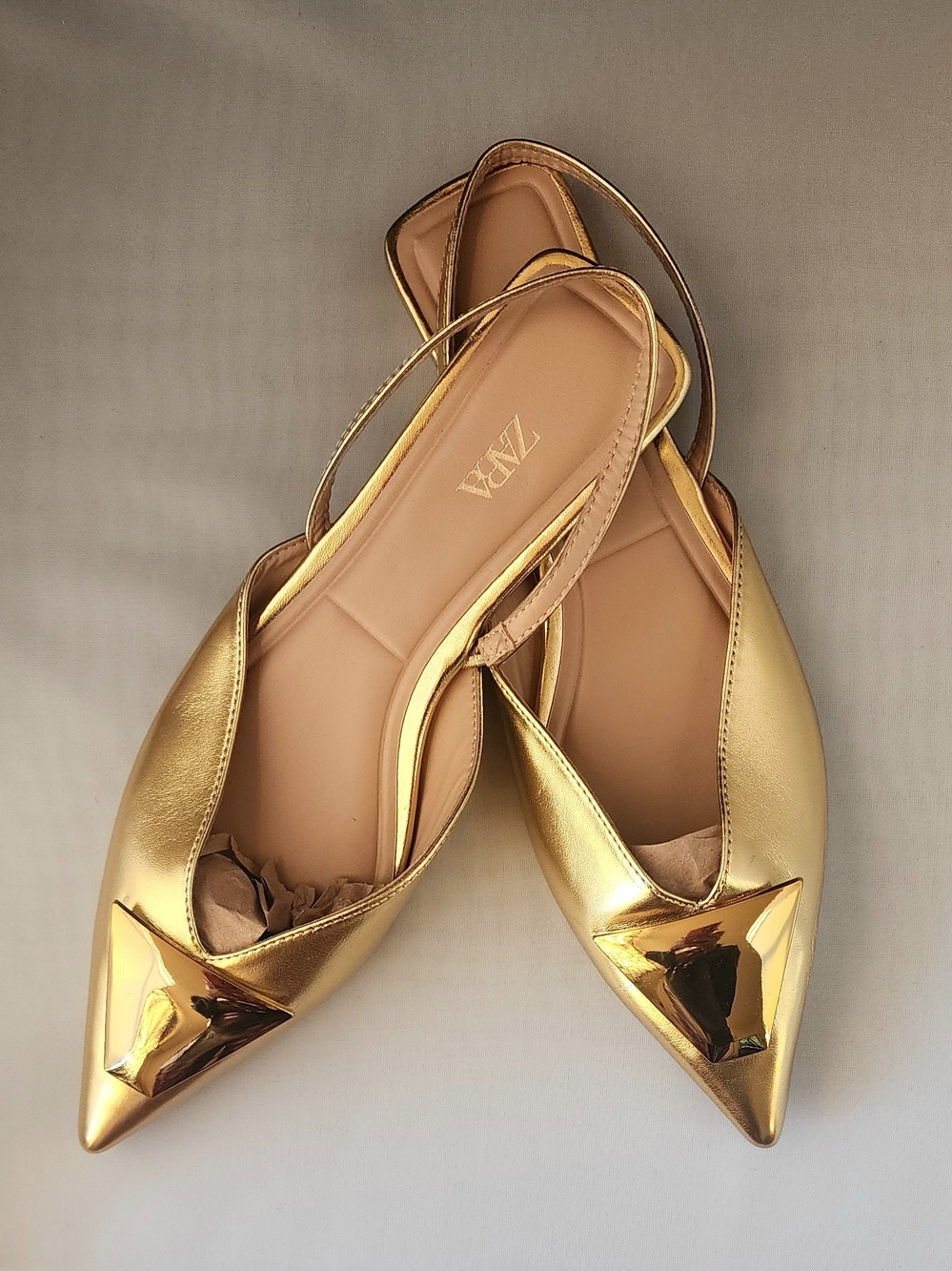 Zara Metallic Gold Pointed Slingback Flats with Gold Toe Accent